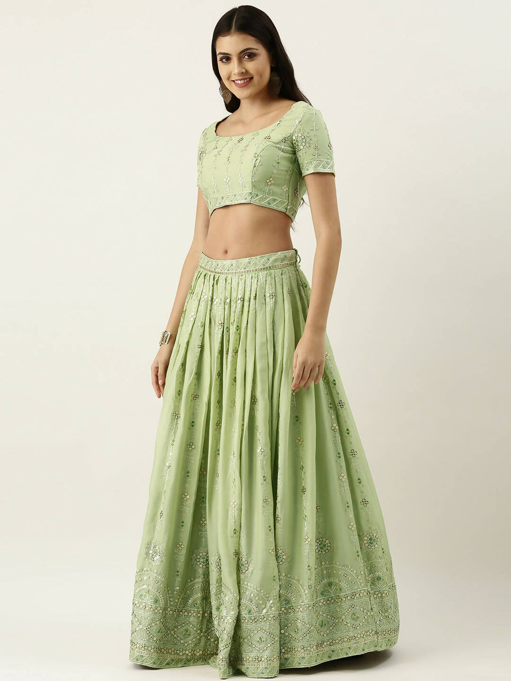 House of Panchhi Pista Green Pure Georgette Embroidered Lehenga & Blouse, Dupatta | Grocsy