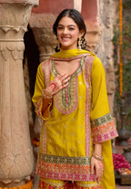 Anaita Yellow Chinon Readymade Palazzo Suit with Codding Dori & Sequence Work | Grocsy