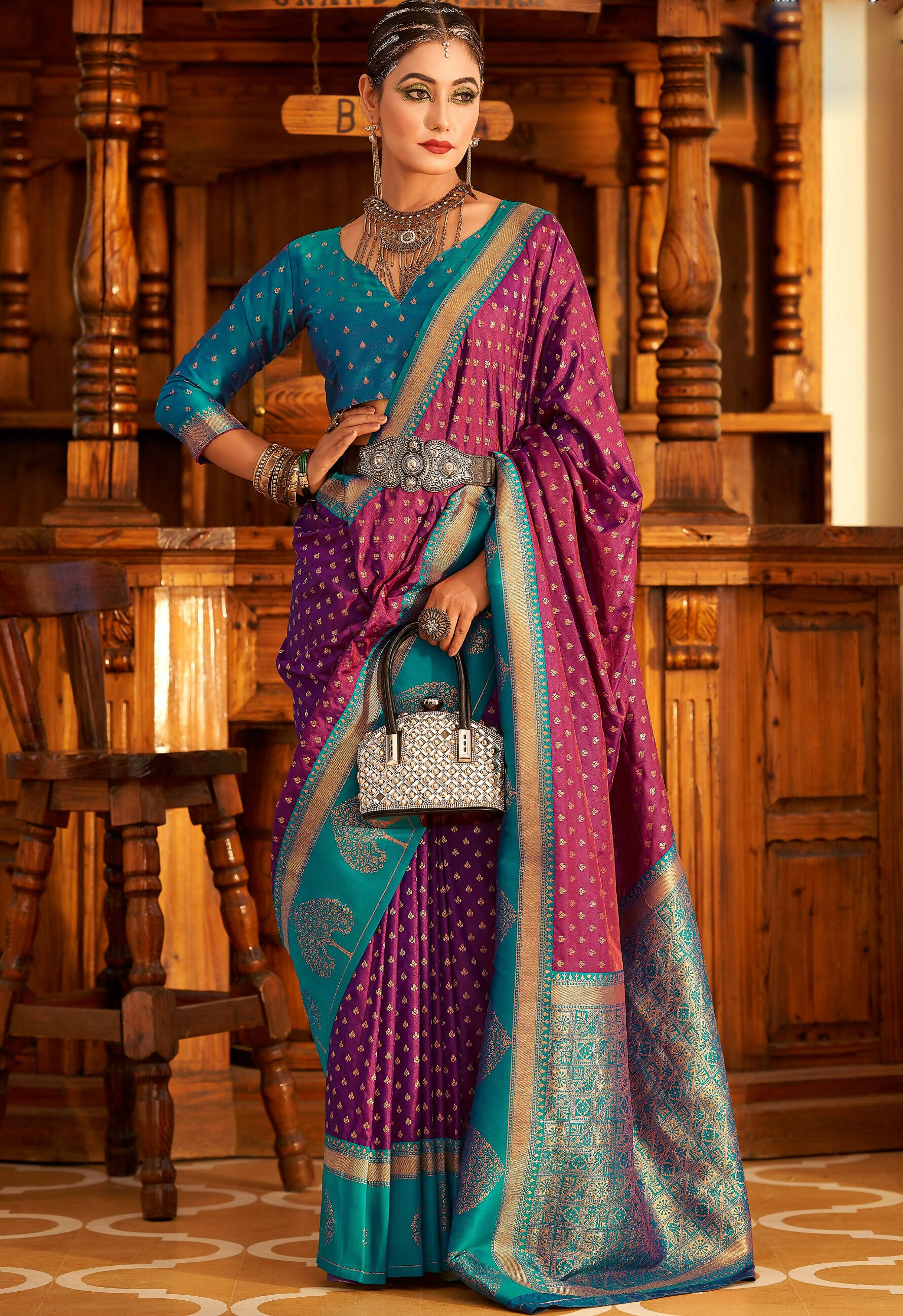 Purple Soft Banarasi Paithani Copper Zari Weaving Saree With Unstitched Blouse Piece - Jodha | Grocsy