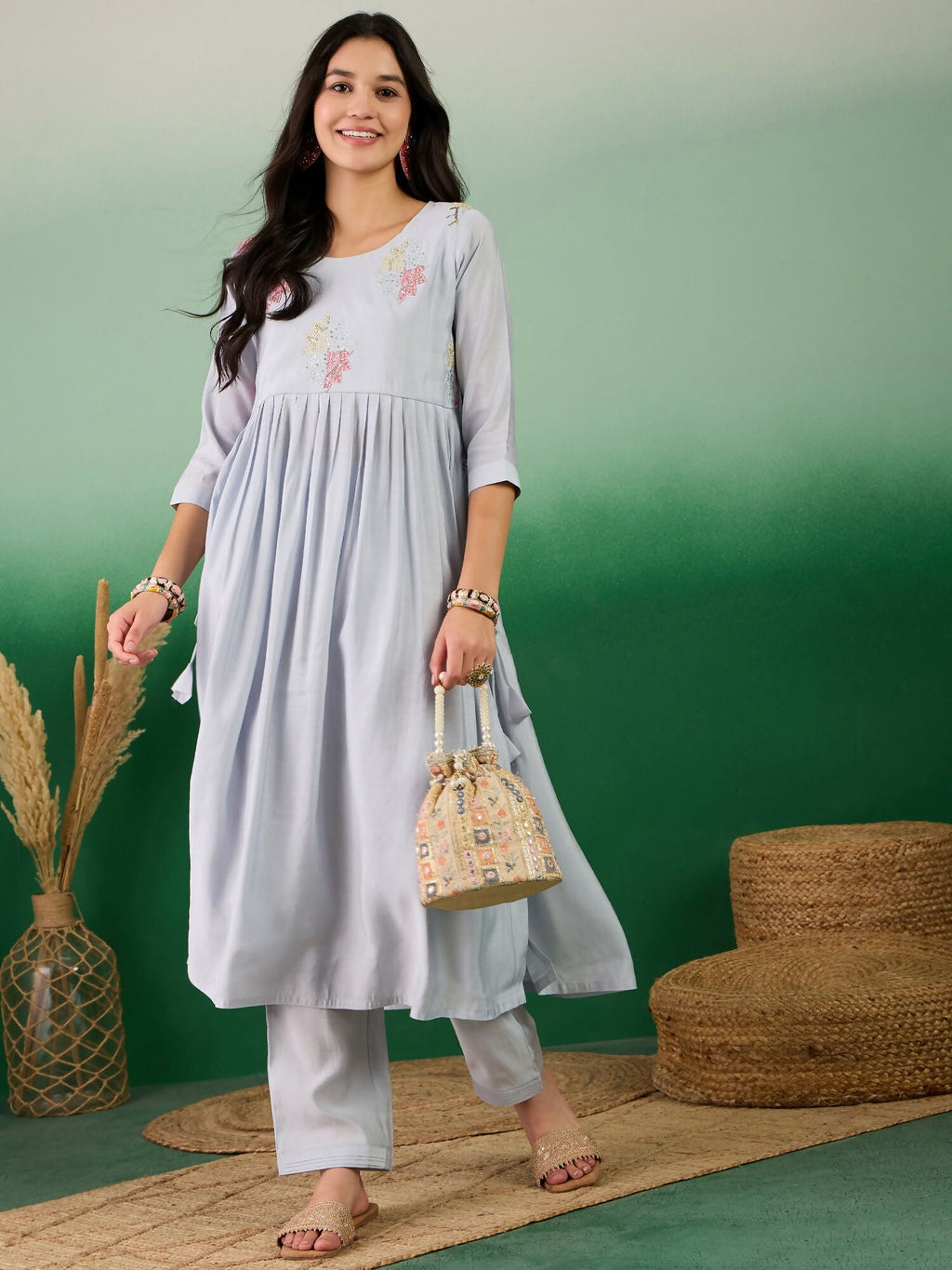Blue Embroidered Muslin Kurta and Trouser - Berlin | Grocsy