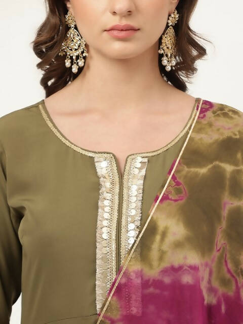 FIORRA Women's Olive Poly Crepe A-Line Kurta Pant With Dupatta | Grocsy