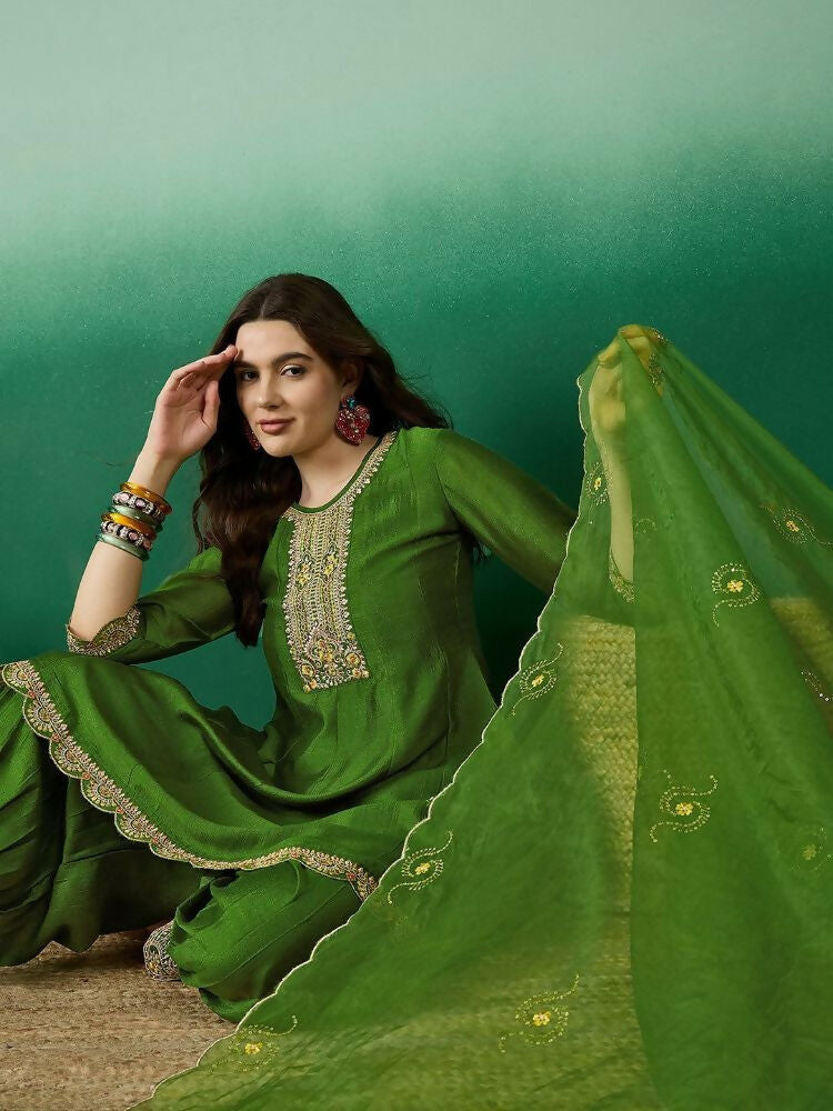 The52 Women's Beautiful Embroidery Work Vichitra Fabric A-line Kurta Pant and Dupatta Set | Grocsy