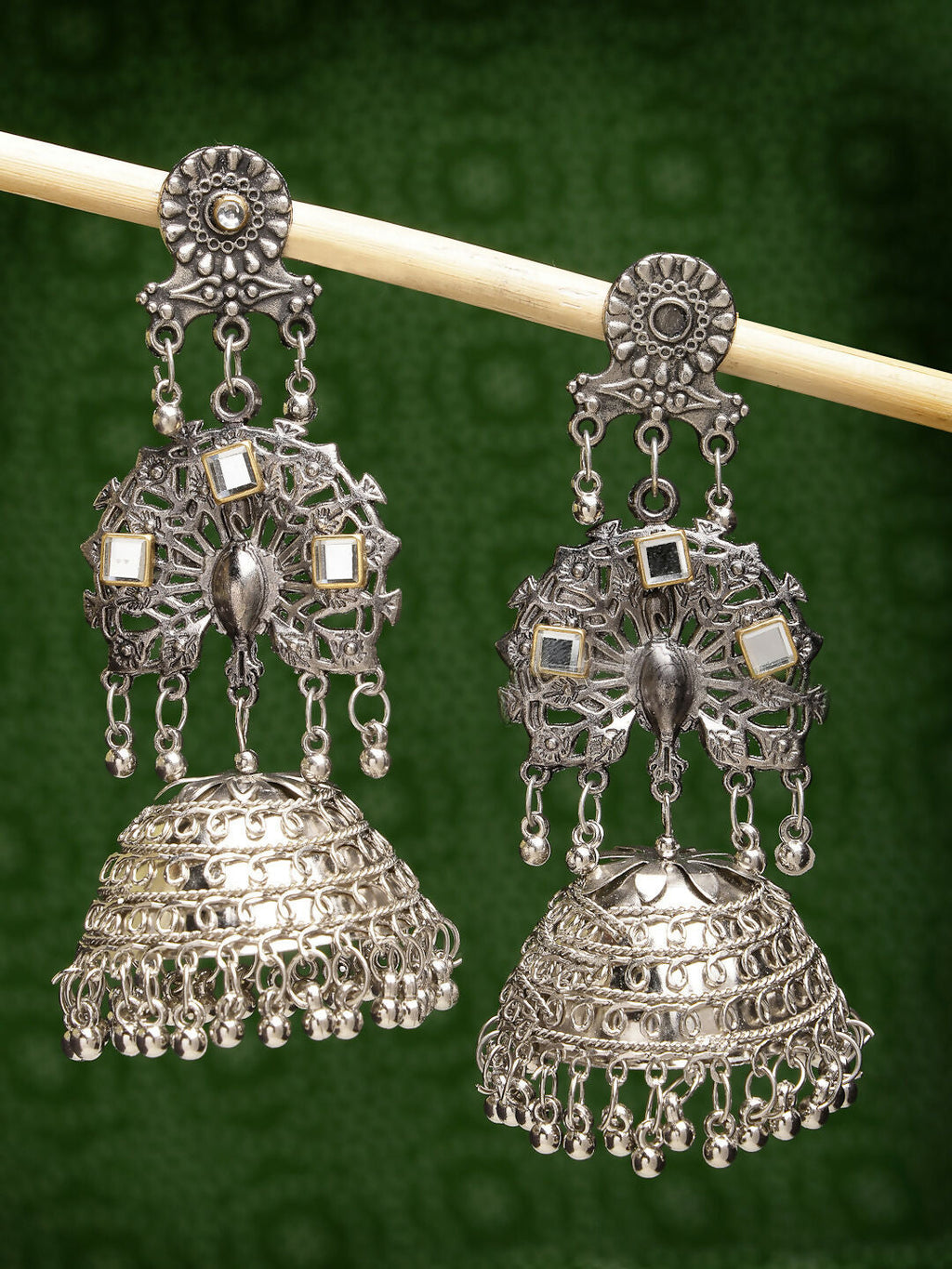NVR Women's Silver Plated Mirror Work Oxidised Contemporary Jhumka Earrings | Grocsy