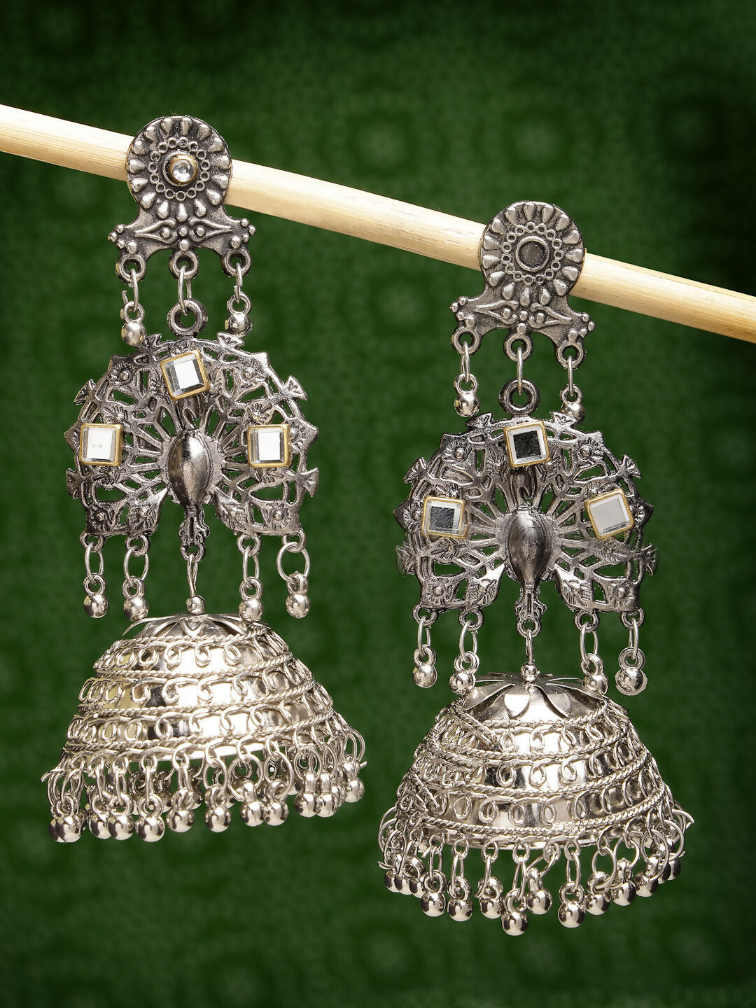 NVR Women's Silver Plated Mirror Work Oxidised Contemporary Jhumka Earrings | Grocsy