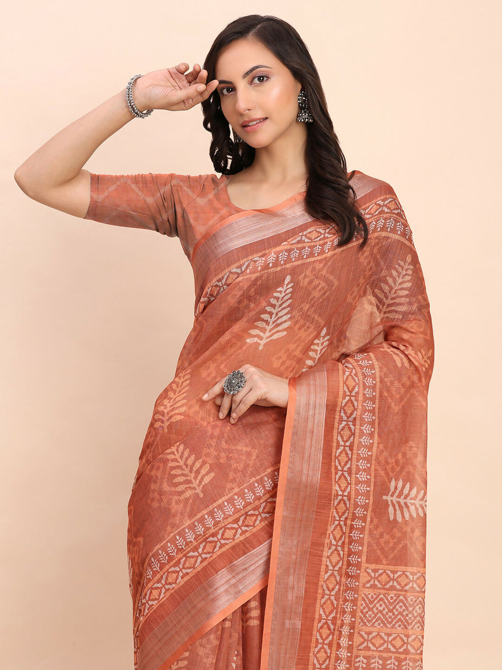 Shree Shyam Fashion Linen Cotton Rust Saree | Grocsy