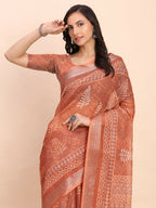Shree Shyam Fashion Linen Cotton Rust Saree | Grocsy