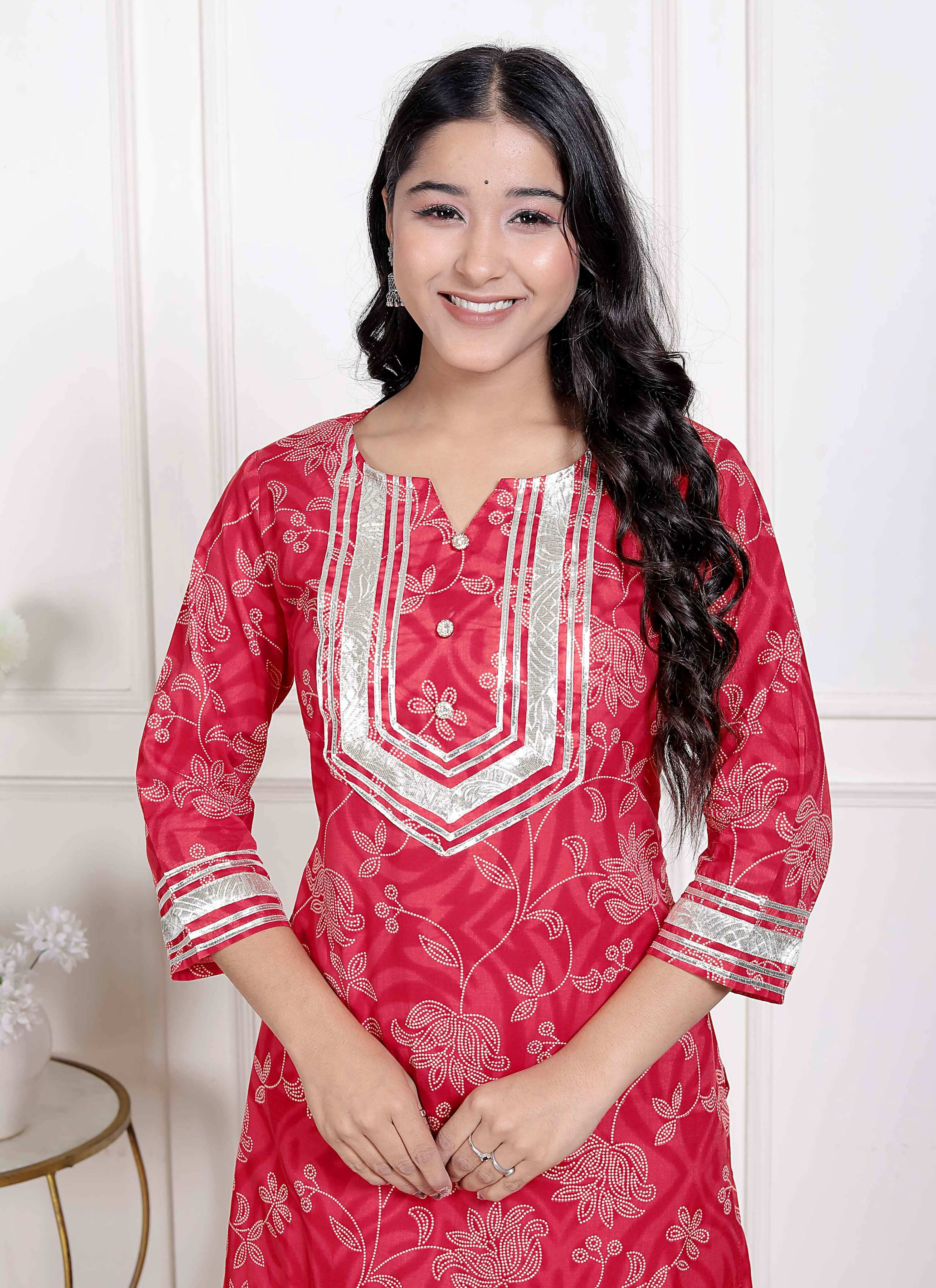 Miravan Red Floral Print Embroidered Cotton Straight Kurta with Palazzo & Dupatta | Grocsy