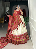 Lorenvalley Offwhite and Red Tussar Silk Patola Print Lehenga Choli | Grocsy