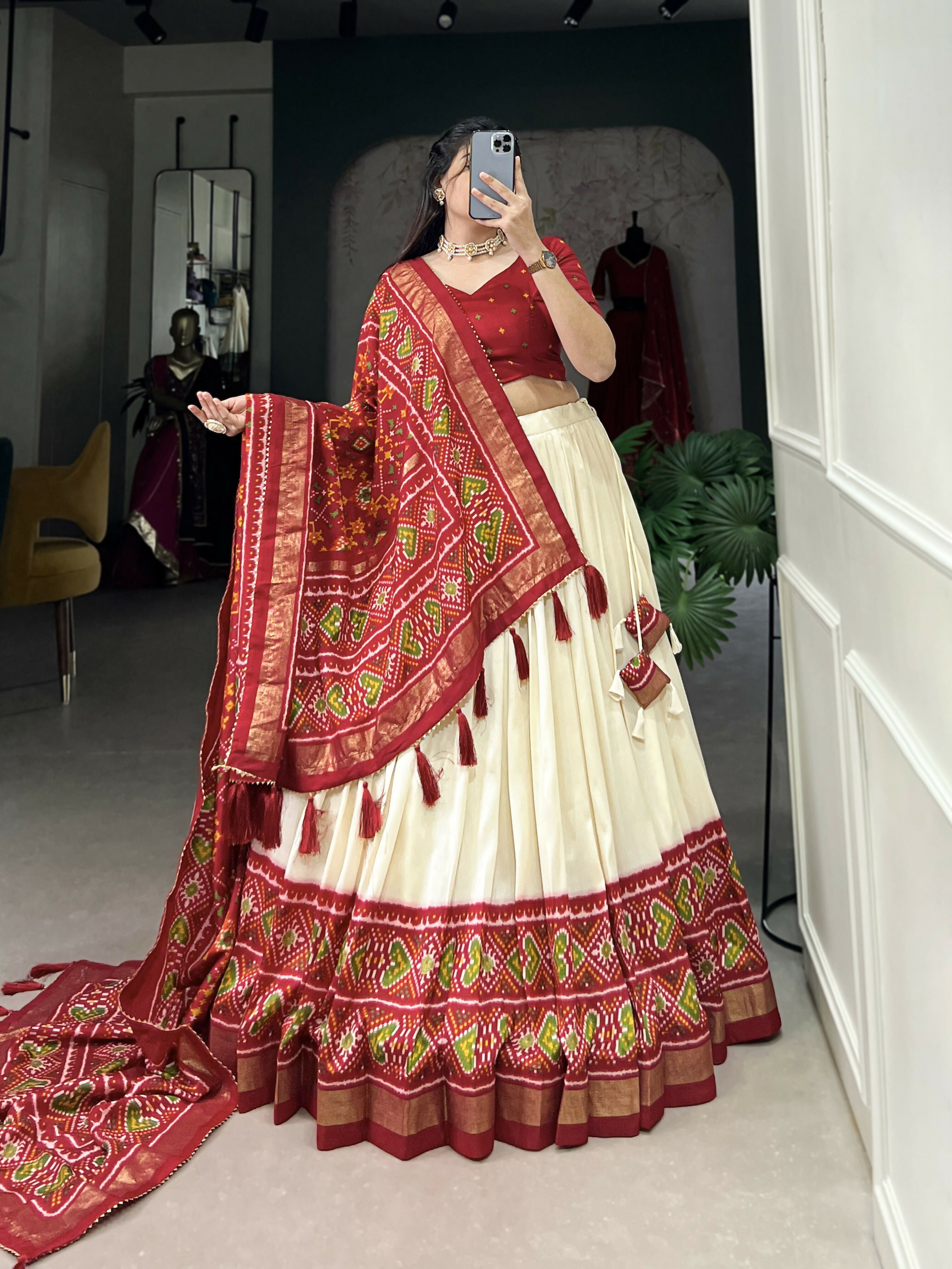 Lorenvalley Offwhite and Red Tussar Silk Patola Print Lehenga Choli | Grocsy