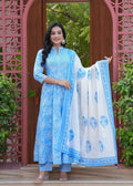 Jaimini Women Cotton Printed Mandarin Collar Neck Calf Length Flared Kurta Pant And Dupatta Set | Grocsy