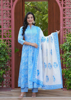 Jaimini Women Cotton Printed Mandarin Collar Neck Calf Length Flared Kurta Pant And Dupatta Set | Grocsy
