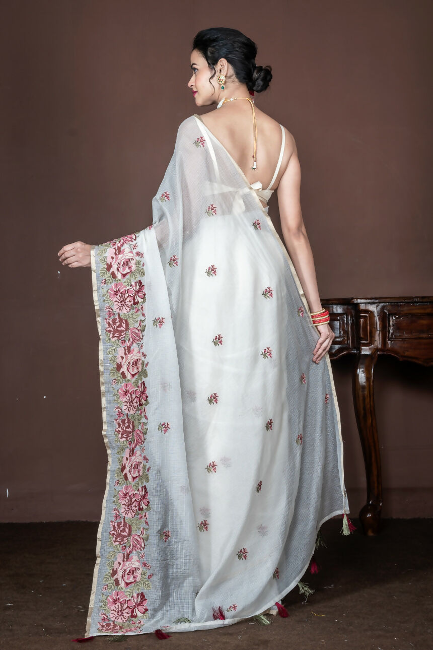 Morchari Off White Supernet Cross Embroidery Saree Unstitched Blouse | Grocsy