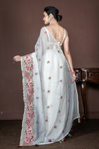Morchari Off White Supernet Cross Embroidery Saree Unstitched Blouse | Grocsy