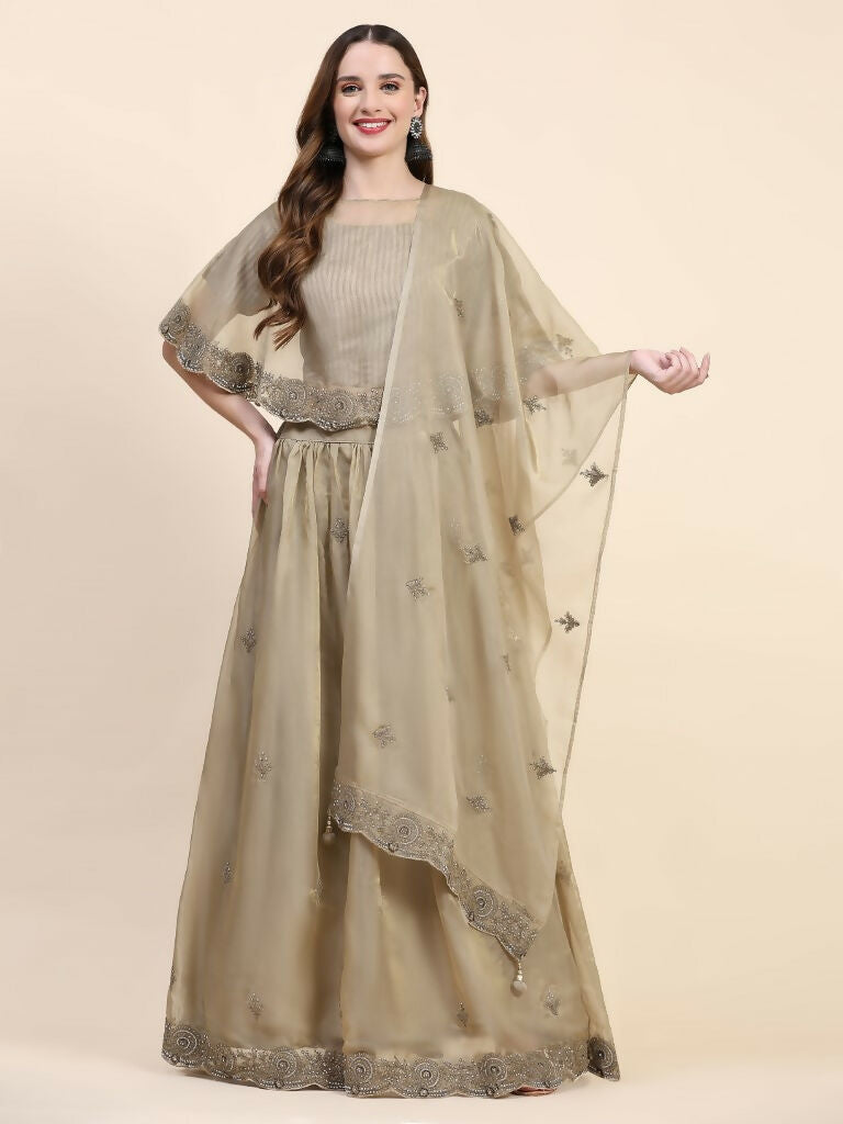 Green Silk Embroidered Poncho Pattern Top & Lehenga with Dupatta - Tanya | Grocsy