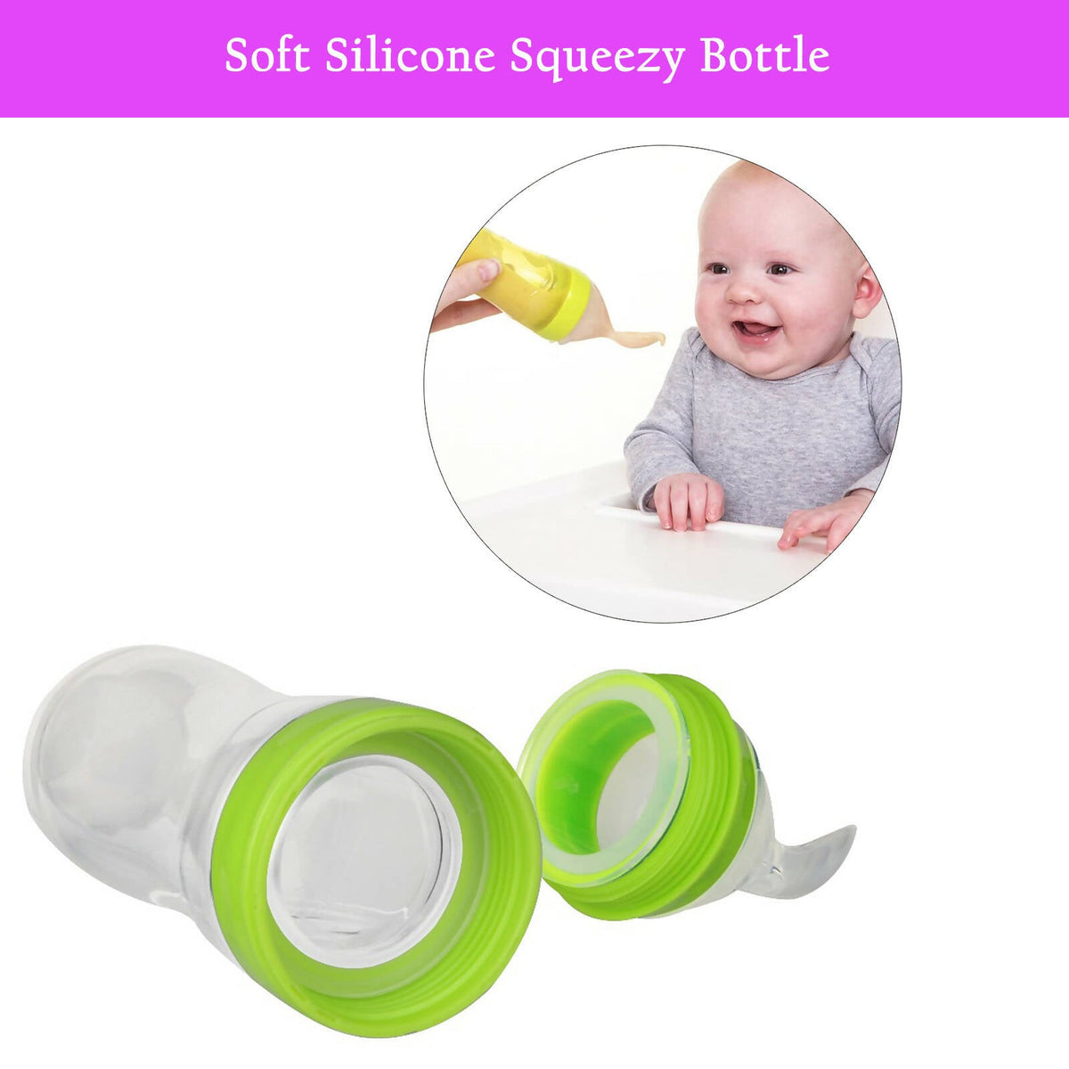 Safe-O-Kid Easy Set of 2 Squeezy Silicone Food Feeder Spoon (Soft Tip) Bottle- Green- 90mL | Grocsy