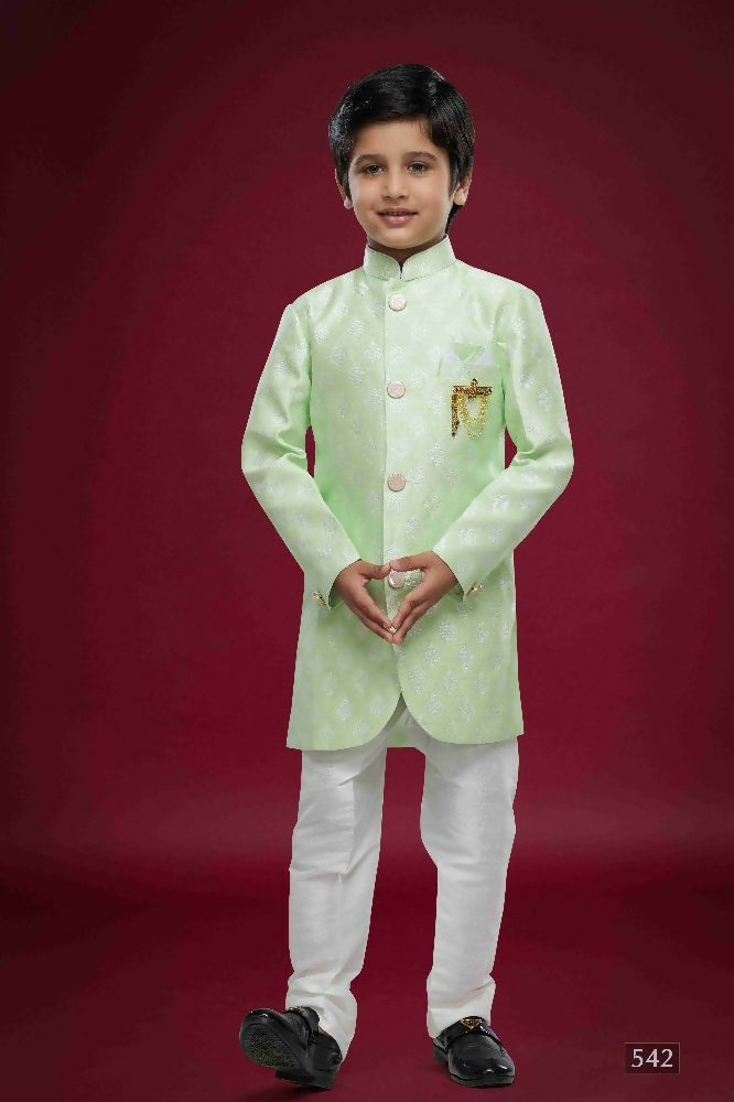 Raivat Ethnic Kids Banarasi Jacquard Woven Work Semi Indo Western Set Pista Green Colour | Grocsy