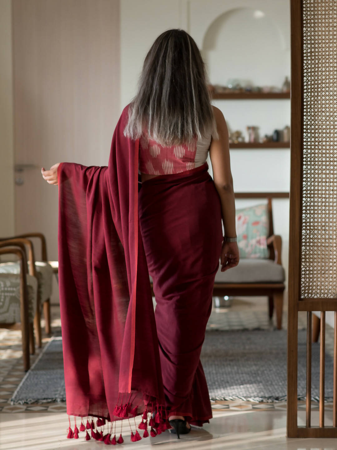 Suta Maroon Solid Cotton Blend Saree | Grocsy