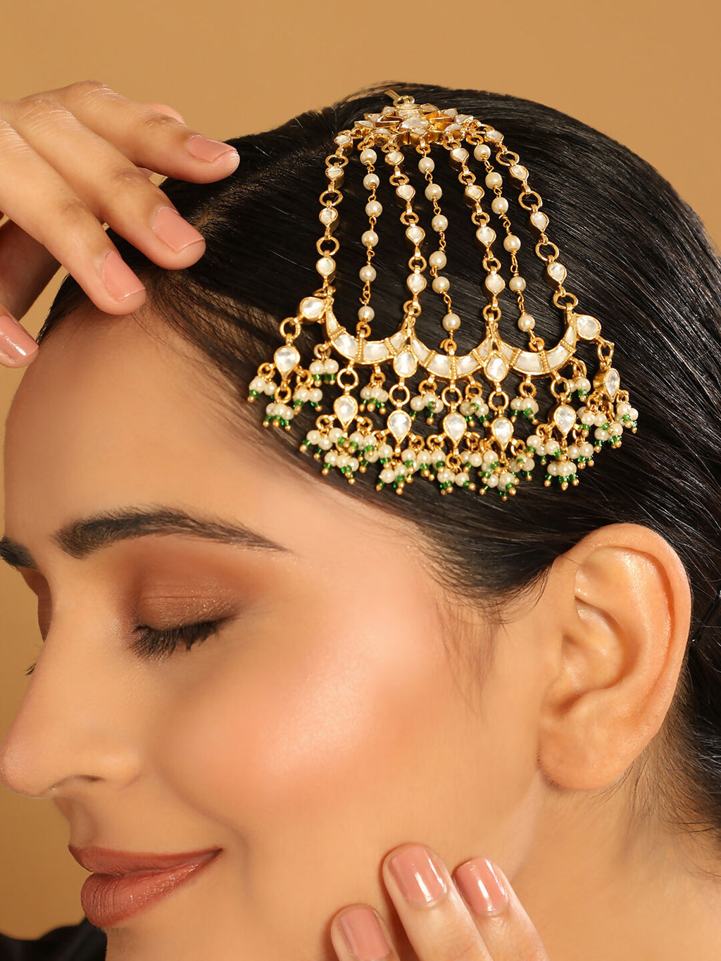 Nuyug 22K Gold-Plated Kundan Studded Jhumar Paasa Statement Head Jewellery | Grocsy