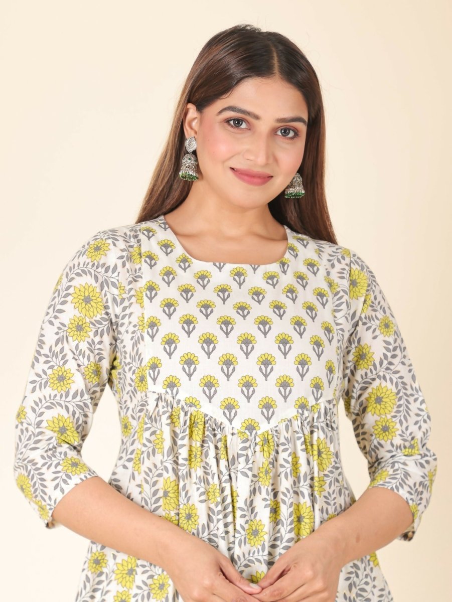 Aramya Yellow Soft Cotton Floral Print A-line Kurta Set for Women | Grocsy