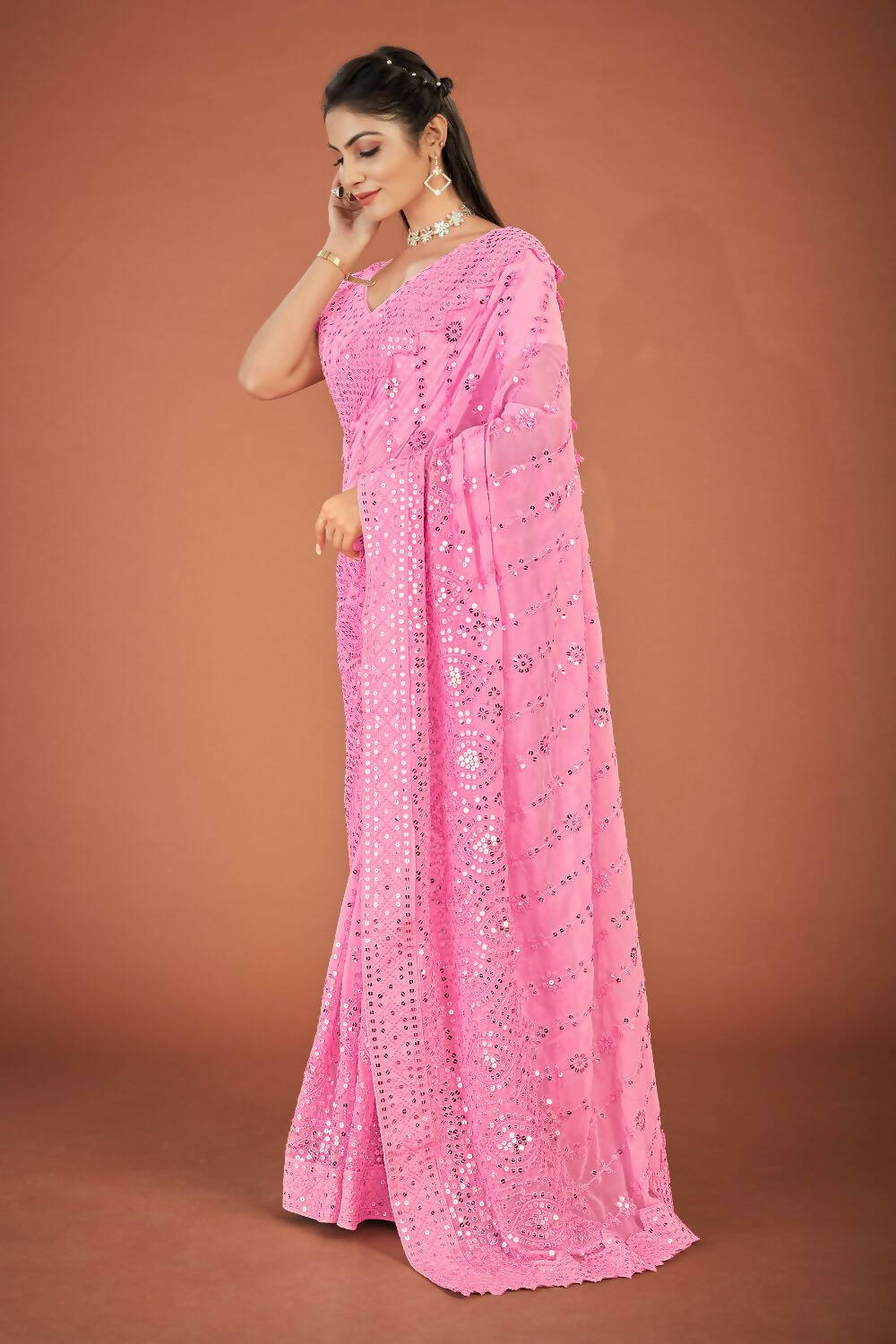 Vamsee Pink Georgette Designer Saree | Grocsy