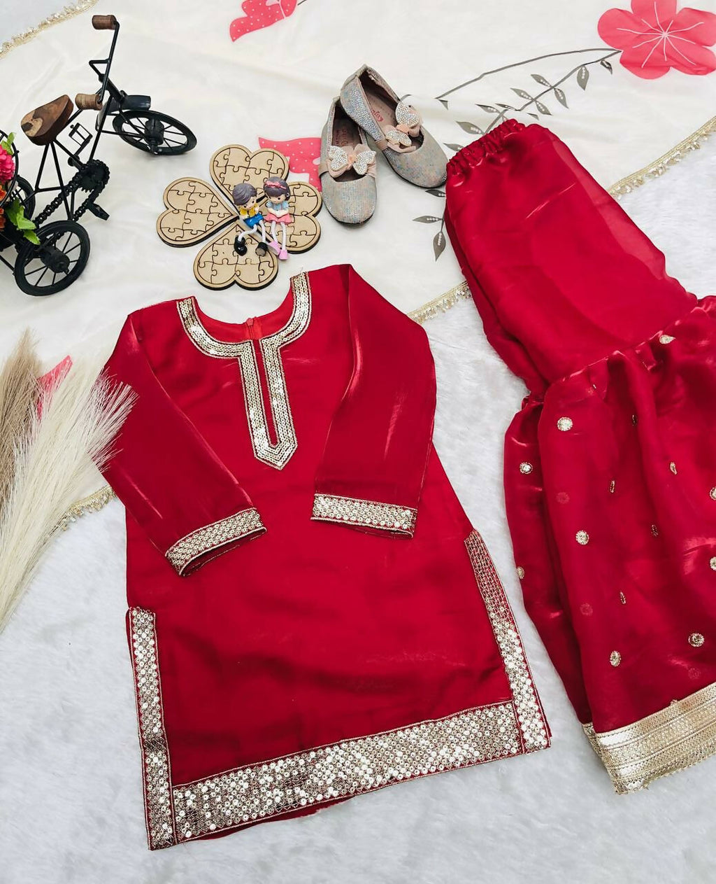Teeya Creation New Kids Trendy Wedding Wear Traditional Kurta Sharara Set-Maroon | Grocsy