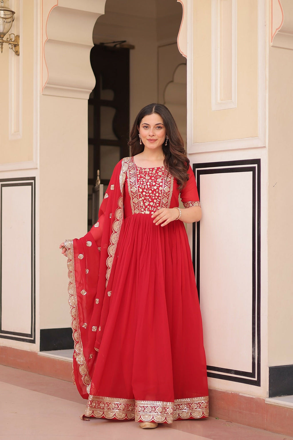 Joban Fashion Red Georgette Sequence Embroidery Work Kurta Set | Grocsy
