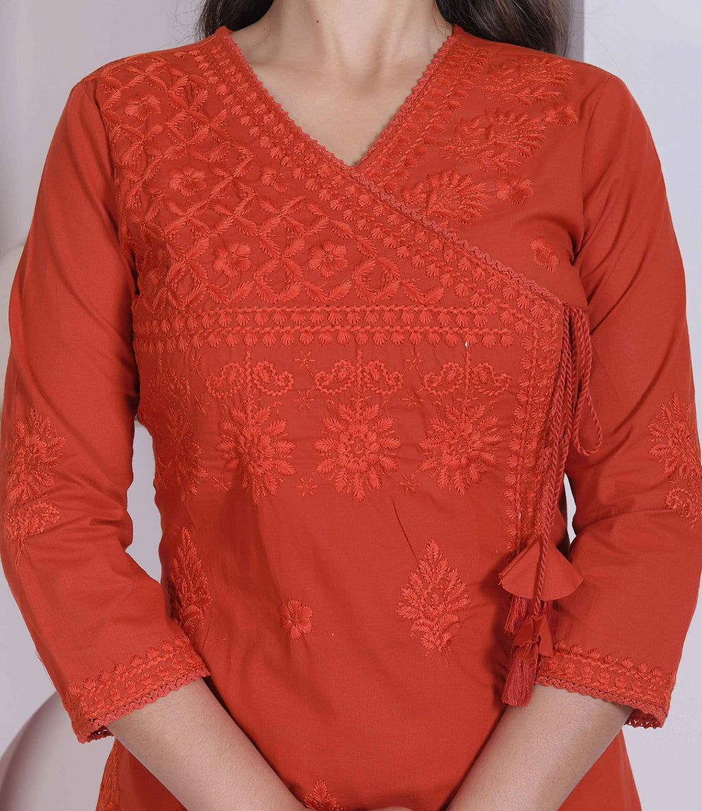Miravan Womens Rust Floral Printed Angrakha Style Kurta With Palazzo | Grocsy