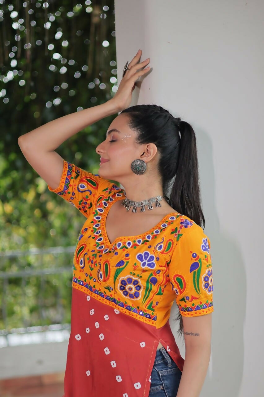 Vastranavya Yellow Navratri Special Kutchi Gamthi Work with Printed Kurti | Grocsy