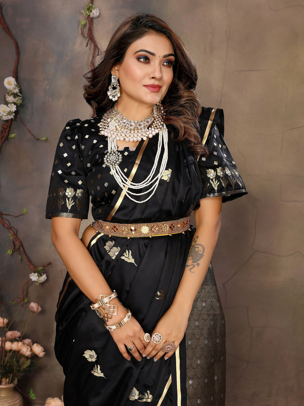 Joban Fashion Black Floral & Botanical Motifs Satin Silk Banarasi Silk Saree | Grocsy