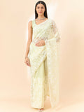 Yellow Organza Paisely Embroidered Saree with Unstitched Blouse Piece - Roozal | Grocsy