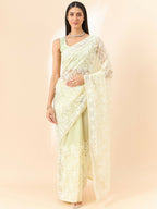 Yellow Organza Paisely Embroidered Saree with Unstitched Blouse Piece - Roozal | Grocsy