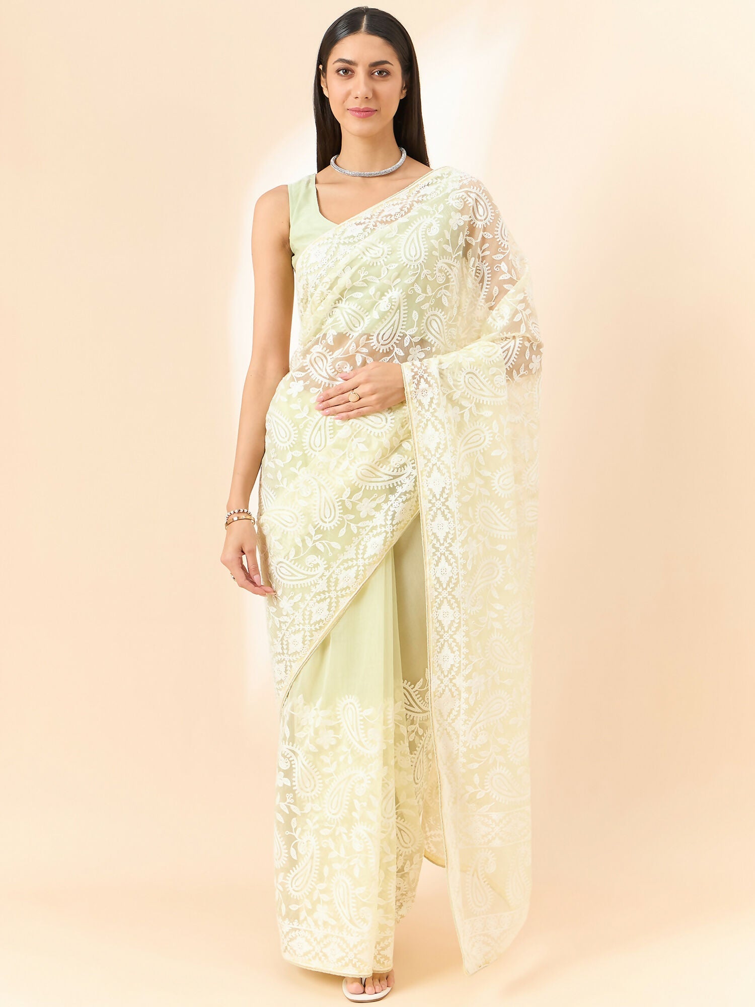 Yellow Organza Paisely Embroidered Saree with Unstitched Blouse Piece - Roozal | Grocsy