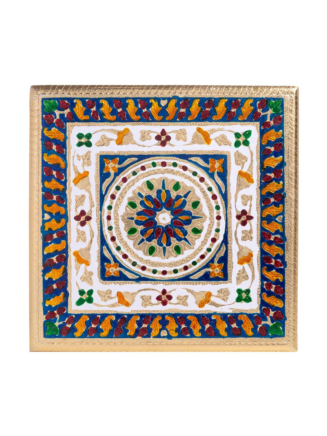 Golden Peacock Gold-Toned & Red Handcrafted Meenakari Wooden Chowki | Grocsy