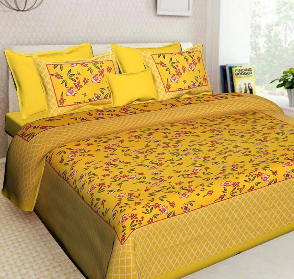 Vamika Printed Cotton Yellow Bedsheet With Pillow Covers (LEOC_FLOPYL_Y) | Grocsy