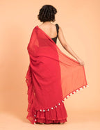 Suta Red Pure Cotton Solid Ruffle Saree | Grocsy
