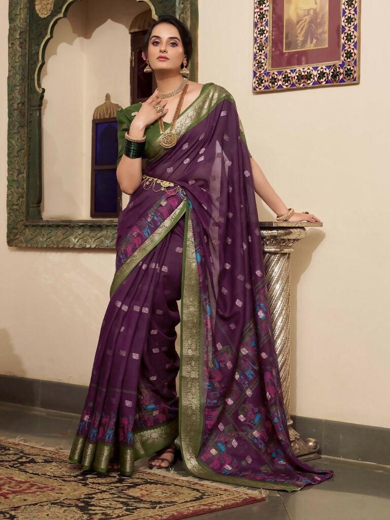 Vastranavya Wine Poly Cotton Kalamkari Printed Saree with Unstitched Blouse | Grocsy