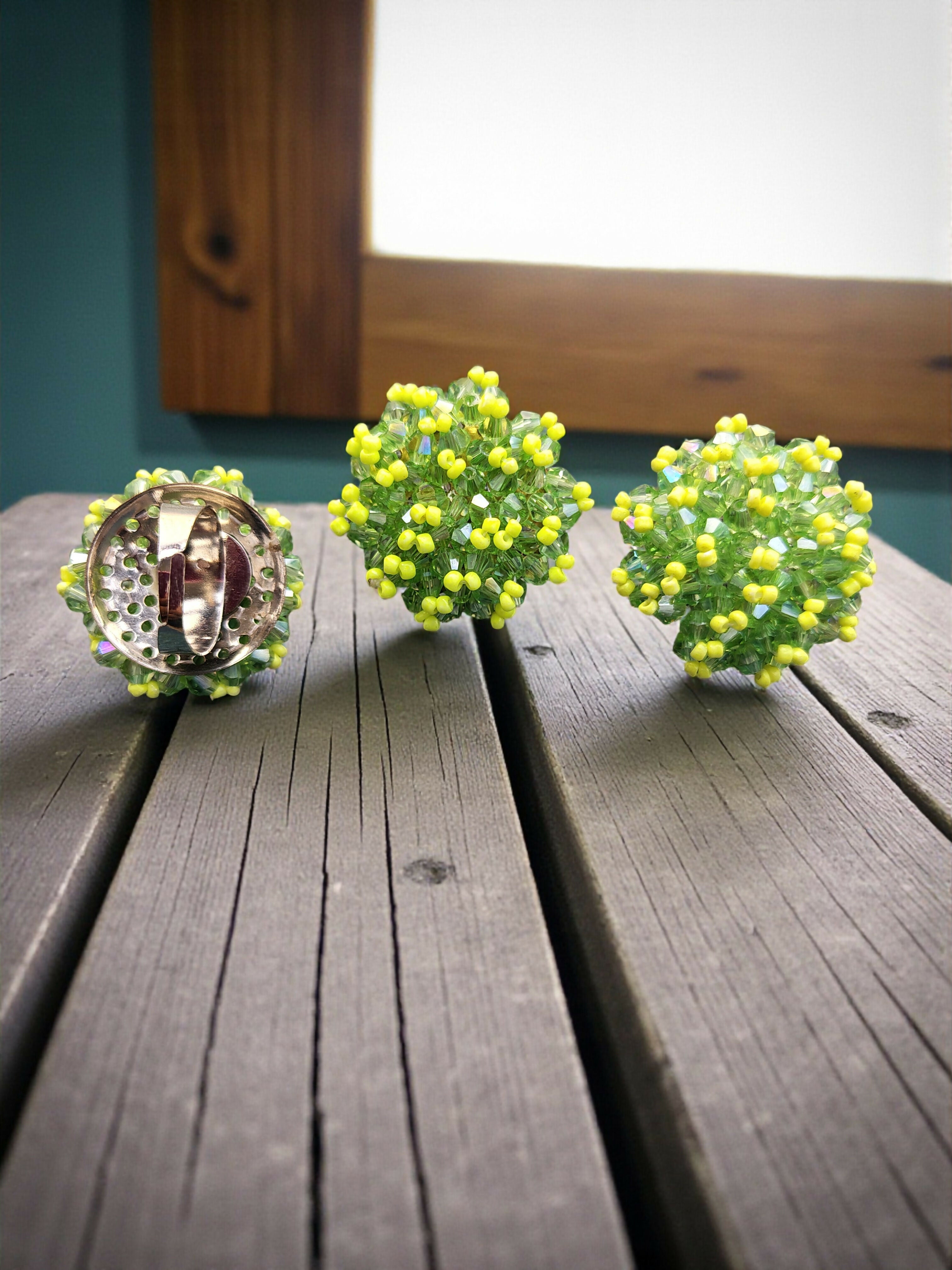 Inhanns Rangmani Crystal Duo – Adjustable Ring + Statement Earrings Set - Neon Green | Grocsy