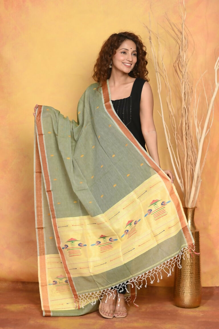 Very Much Indian Handloom Pure Cotton Paithani Dupatta - Green | Grocsy