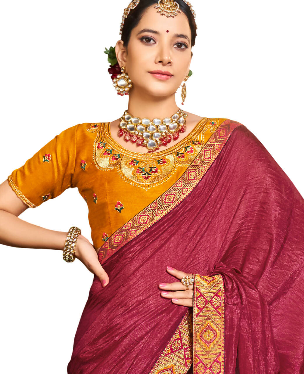Maroon Solid Vichitra Saree With Unstitched Blouse Piece - Selena | Grocsy
