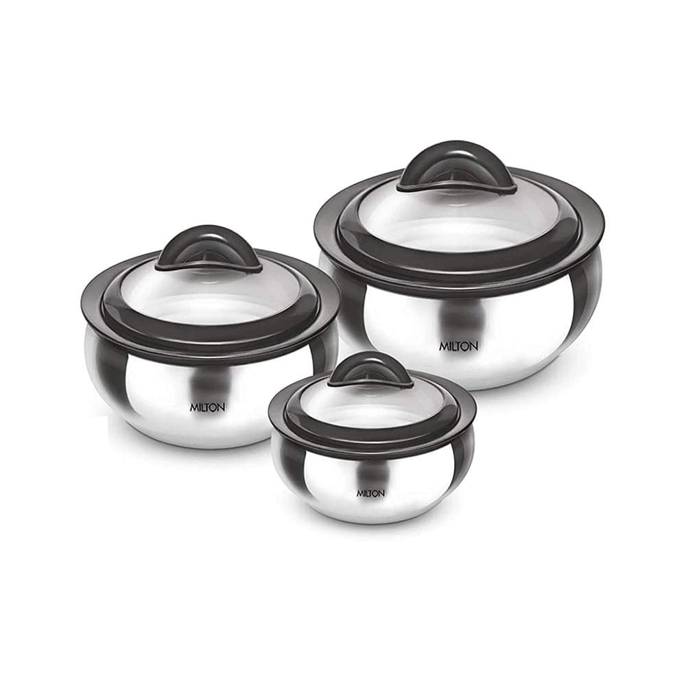 Milton Stainless Steel Casserole with Glass Lid - Set of 3 | Grocsy
