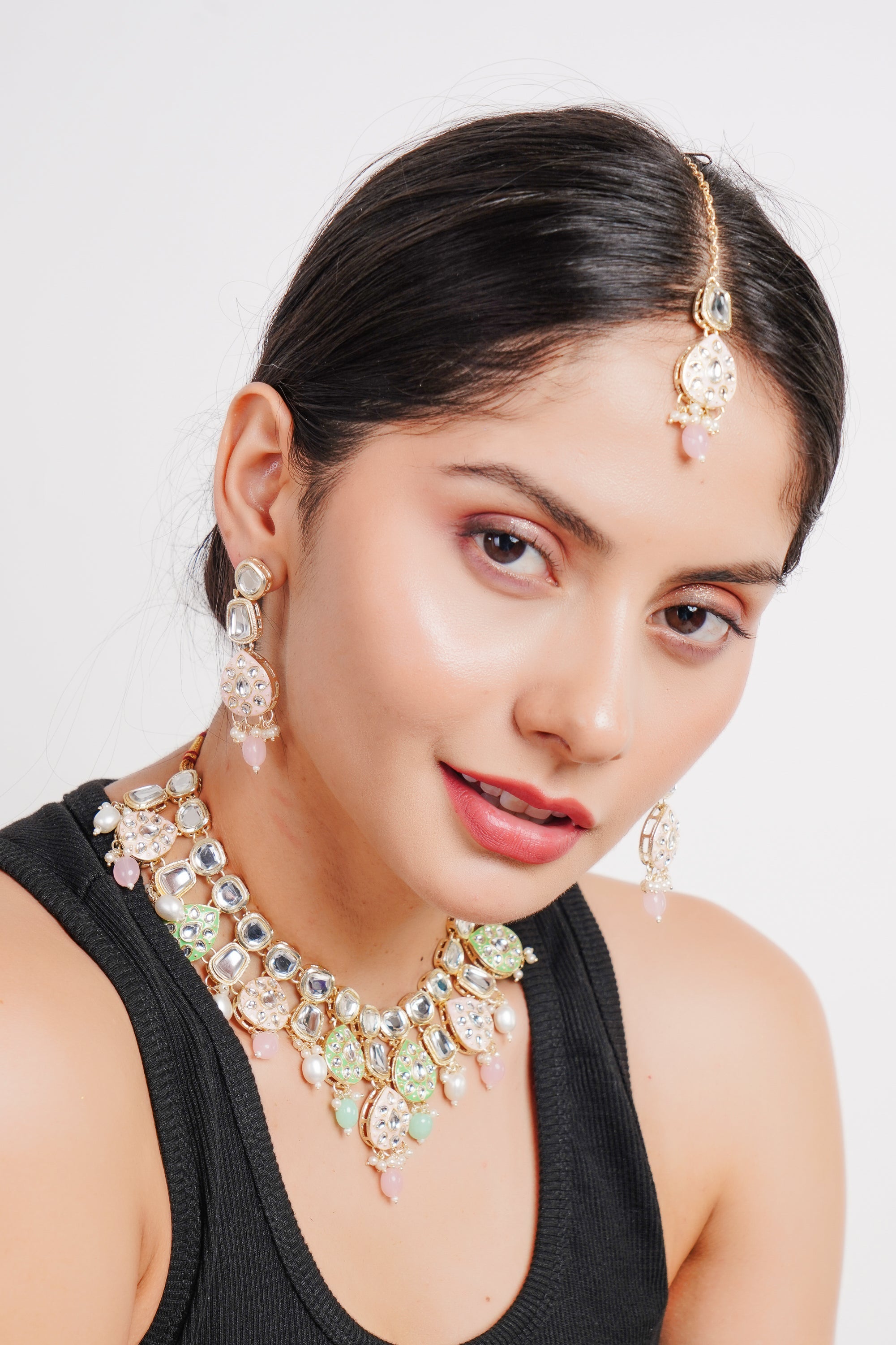 Divisha Alloy Gold-plated Mint Pink Jewellery Set | Grocsy