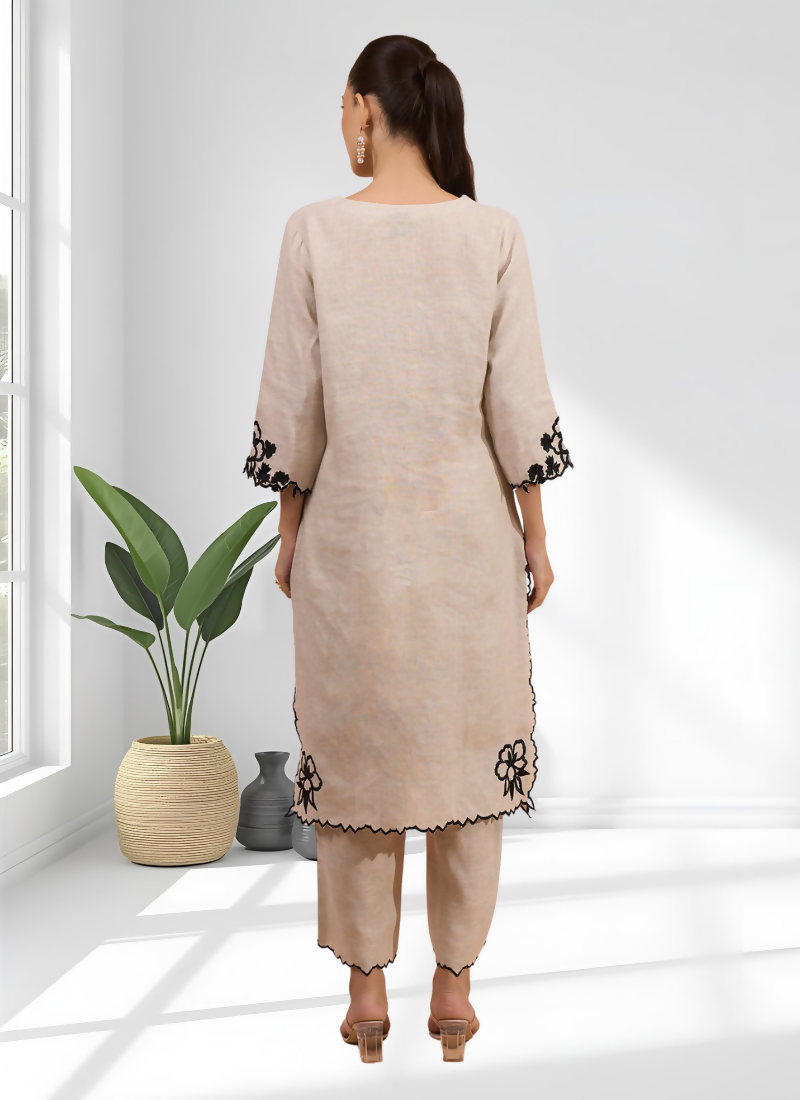 Joban Fashion Beige Linen Embroidered Readymade Long Kurta With Pant | Grocsy