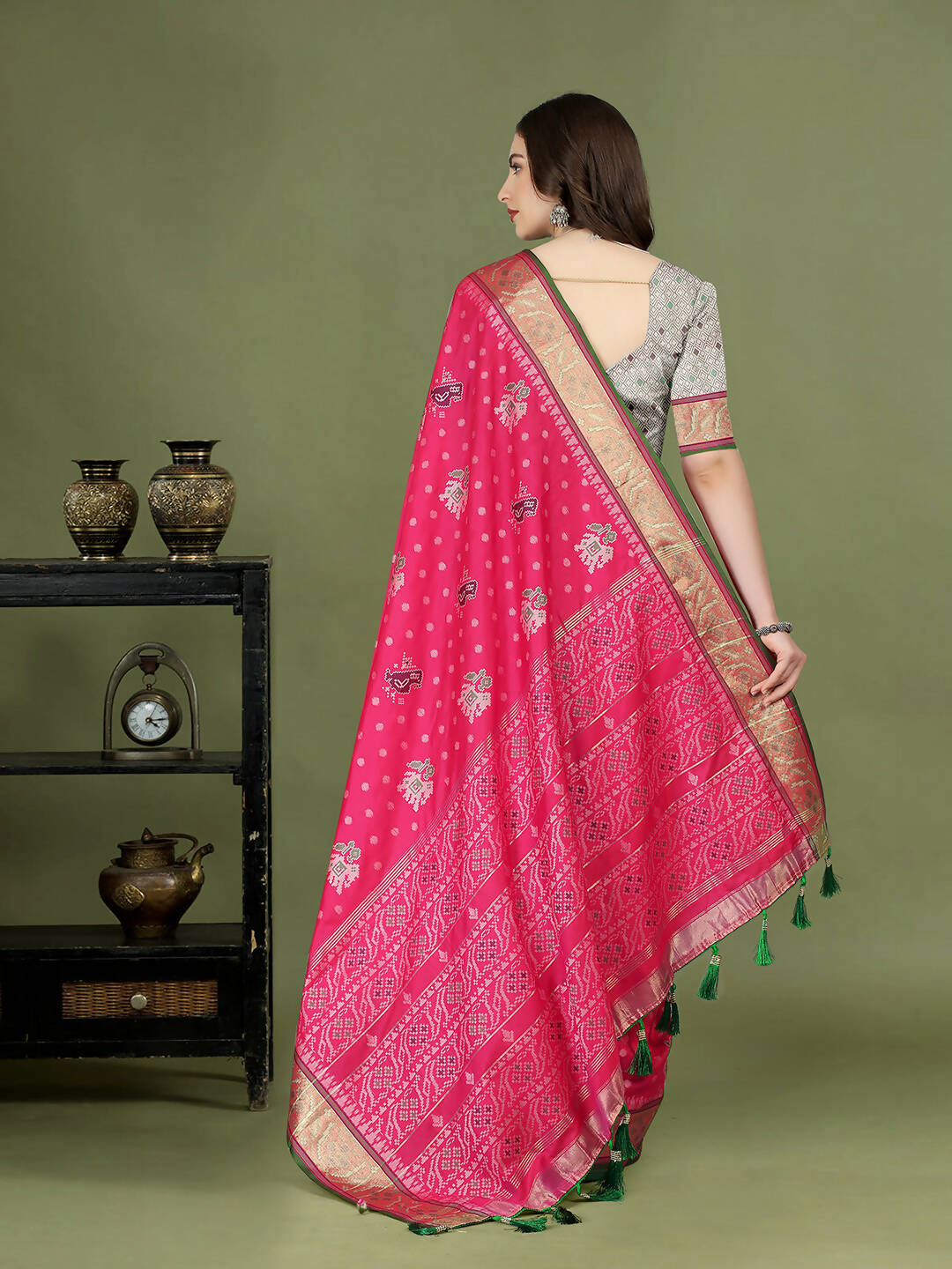 Lorenvalley Fashion Pink Patola Silk Woven Design Zari Meenakari Weaving Saree | Grocsy