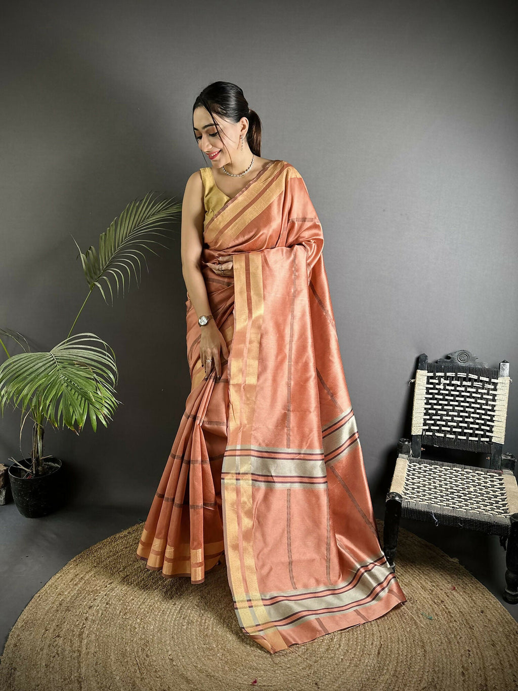 Joban Fashion Peach Woven Pattern Raw Silk Kanjivaram Silk Saree | Grocsy