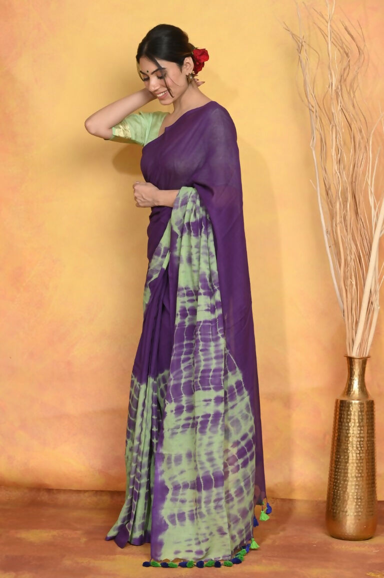 Very Much Indian Tie & Dye Handloom Mul Cotton Saree - Blue Green | Grocsy
