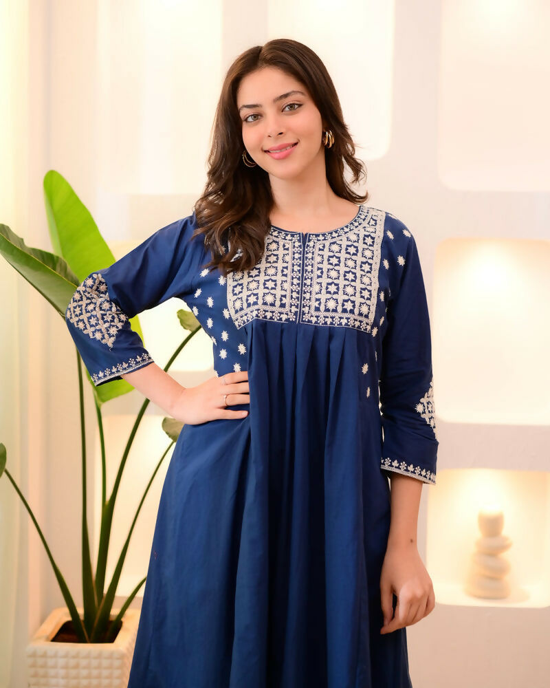 The52 Women's Beautiful Viscose Rayon Fabric Thread Work Flared Kurta Pant Set | Grocsy