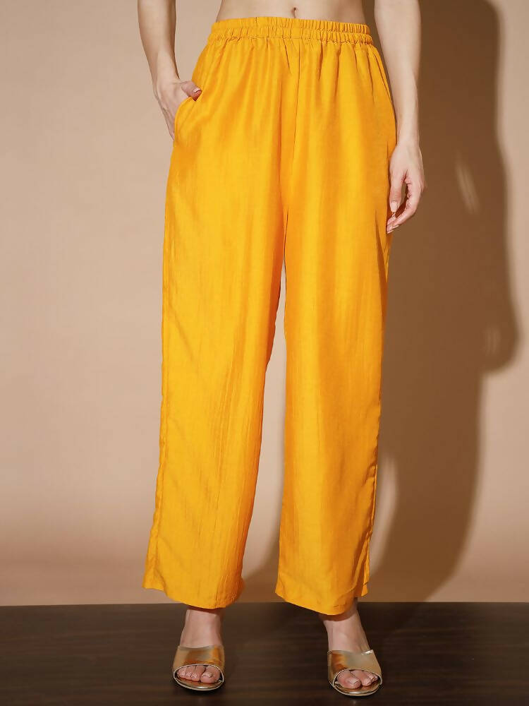 Myshka Women Mustard Solid Kurta & Palazzos With Dupatta | Grocsy