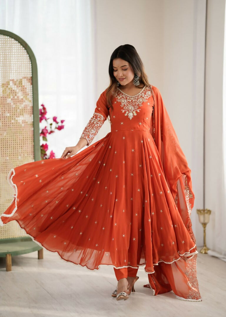 Teeya Creation Orange Color Faux georgette Embroidery Work Wedding Wear Gown | Grocsy