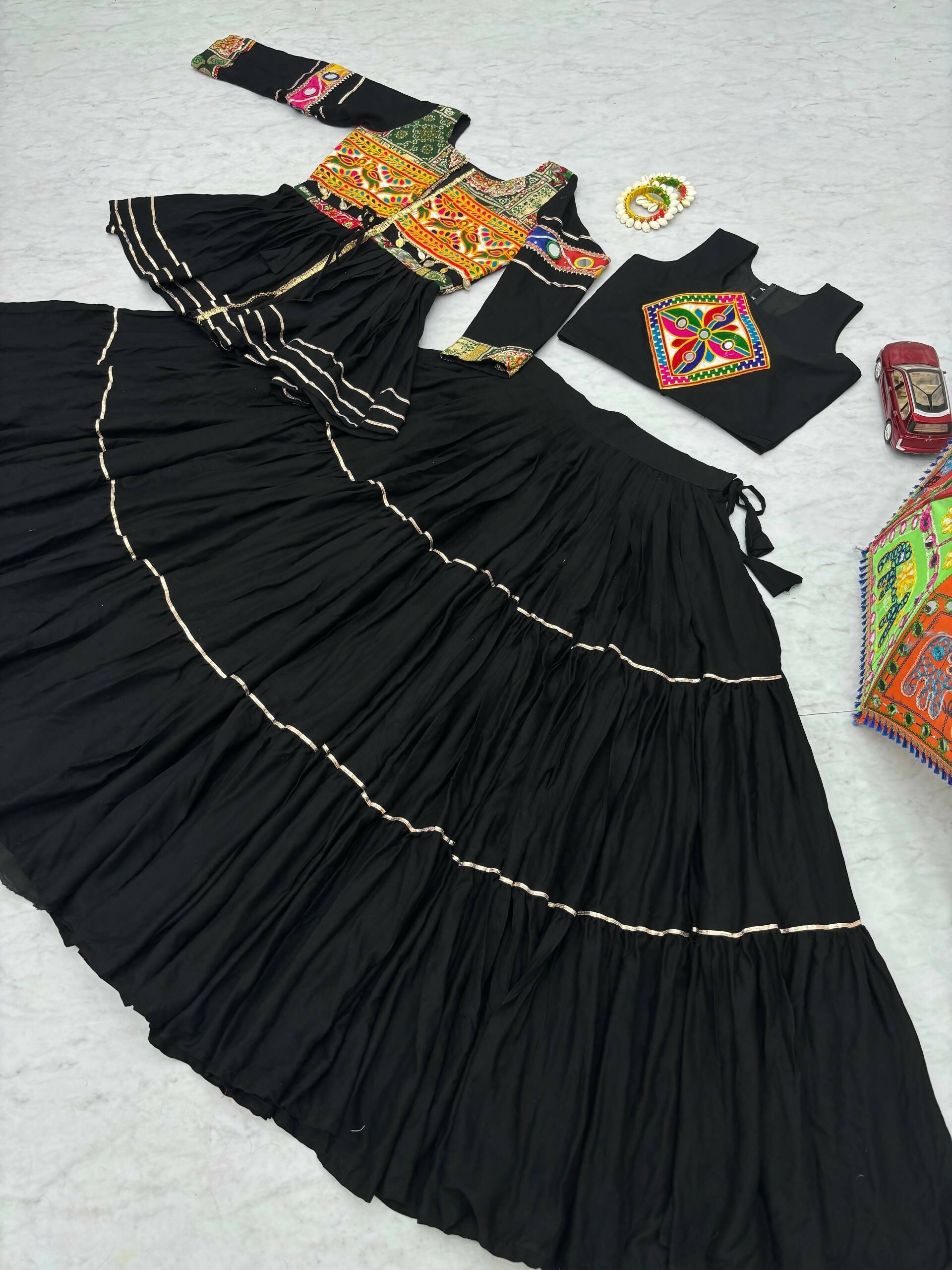 Teeya Creation Womens New Stylish Heavy Gamthi Work With Mirror Lace Work Black Gown Set | Grocsy