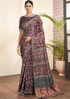 Purple Gajji Silk Floral Print with Hand work Border Saree - Norita Nirvi | Grocsy
